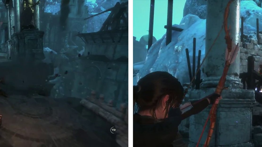 Make your way across the collapsing bridge (left). At the end you’ll need to fight the Deathless (right) again use the barrels to help kill them quickly.