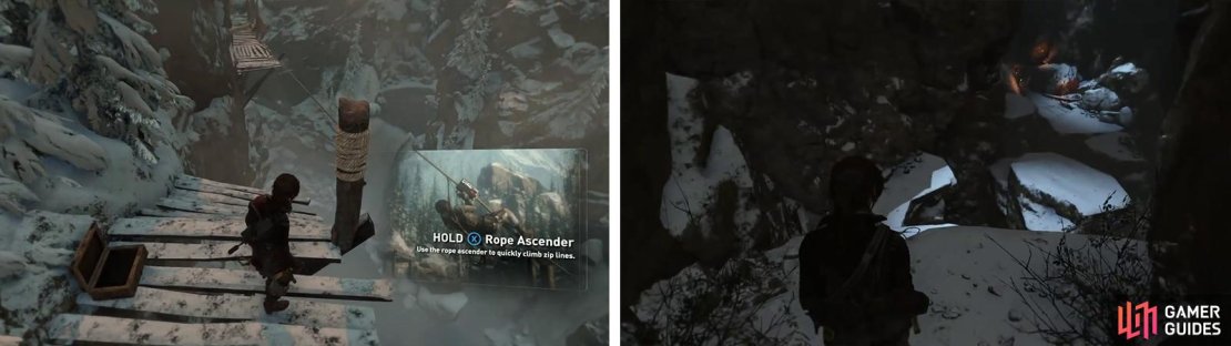 Use the Rope Arrows to cross the gap by the entrance to the Voice of God Challenge Tomb (left). Make your way through the cave (left) to reach the Wicked Vale.