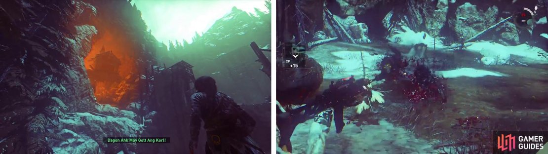 The boss will watch on (left) before fighting off the wolves (right). Kill them all to continue.
