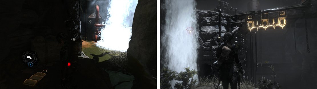 Document 03 can be found behind a waterfall (left). After climbing the first cliff, swing across the gap to reach Document 04 (right).