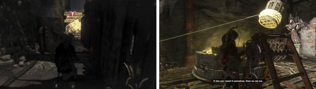 Pull down the barrier (left) to find Document 05. Attach the lowered bucket to the rope spool and open the vat (right) when the bucket is above to open the door.