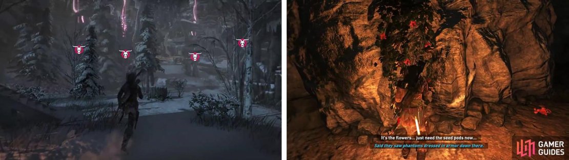 The caves will be highlighted with Survival instincts on (left). Inside the caves you&rsquo;ll find the seedpods that are required (right).