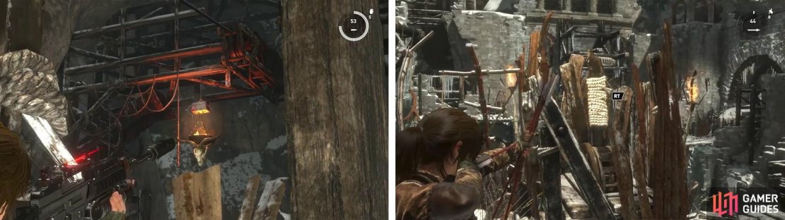 Look out for the hanging lanterns (left) in the next area. Use a Rope Arrow on the lever (right) to continue.