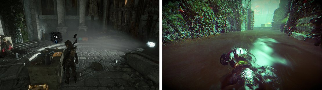 Enter the temple and grab Document 15 (left) before hopping down into the water and swimming to the end of the tunnel (right).