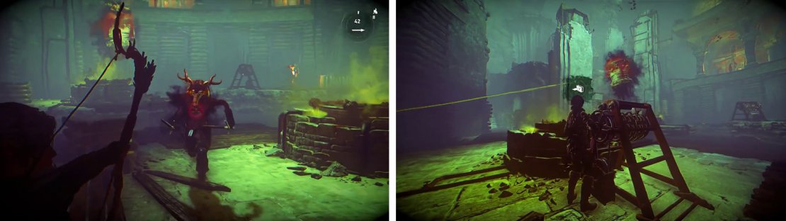 Kill the enemies that attack (left) before using the Rope Arrows to lure the witch over the vat (right) so that we can damage her.