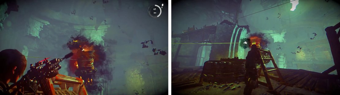 Shoot the witch to have her hide in her bucket (left). Use a Rope Arrow to pull her over the vat here to damage her again (right).