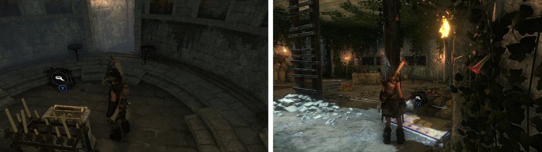 Document 15 is in a side tunnel accessible from the water (left). Document 16 (right) and Relic 01 are inside the temple in the room with the ladder.
