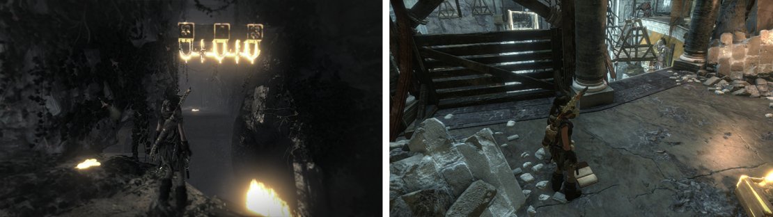 Swing across the beams to Document 18 (left). In the central room, ride the hanging platforms around until you reach the small ledge with Document 19 (right).
