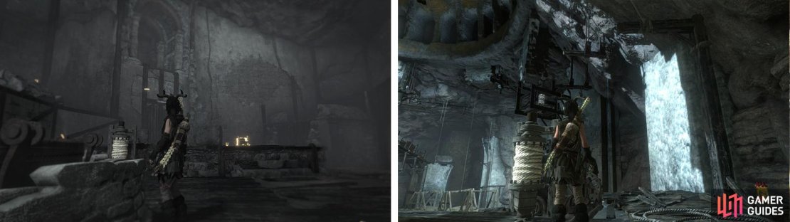 Document 20 is in a ledge above the vat (left). Document 21 requires us to use two rope attachment points to lower a platform (left). Use the platform to reach the ledge with the Document before time expires.