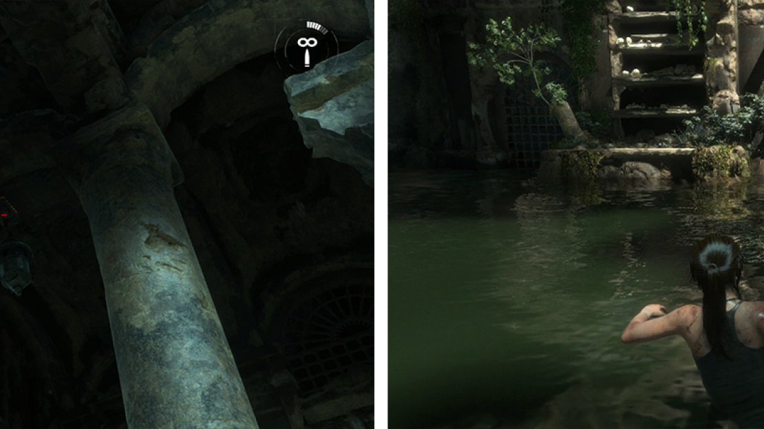 Look out for the Incense Burner challenge items (left) in this room. Break the first weak wall to raise the water level (right).