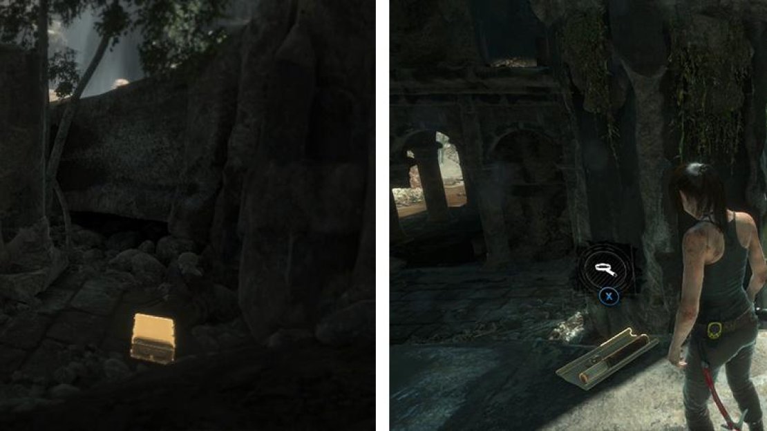 On the right side of the main chamber there is a Relic (left). To the left of the main structure is a Document (right).