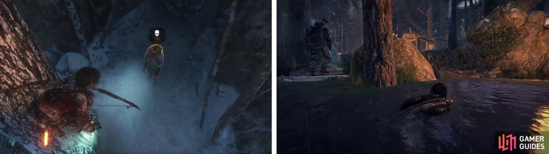 You can use death form above attacks on unsuspecting enemies (left). Approaching enemies from the water will allow you to perform a water takedown (right).