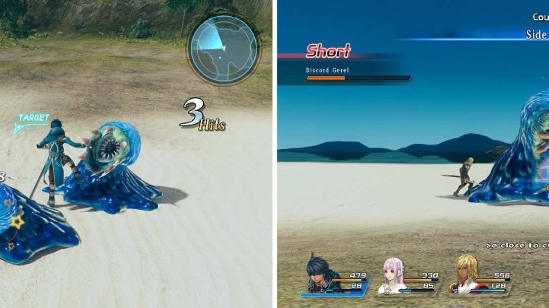 Take out the normal Gerels (left) before going after the boss. Countering is a viable attack method against the boss, since it only uses weak attacks (right).