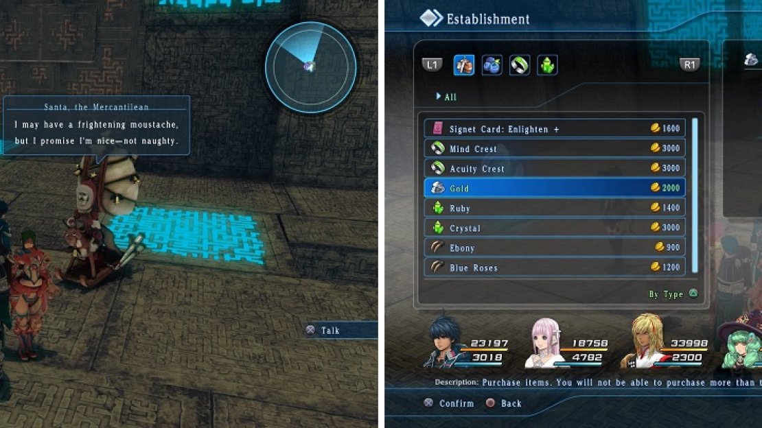Santa can be found by the save point in each major area (left). His wares change every time you talk to him (right).