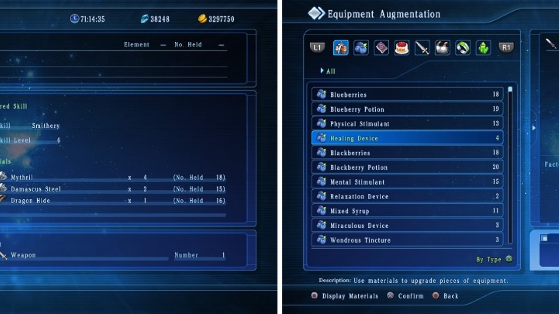 You can make all manner of things with Item Creation (left), and can even augment your own equipment later on (right).