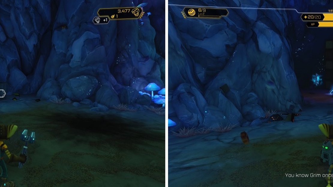 Toss a Fusion Grenade at the metal crate (left) to reveal a hidden cave, with the treasure (right).