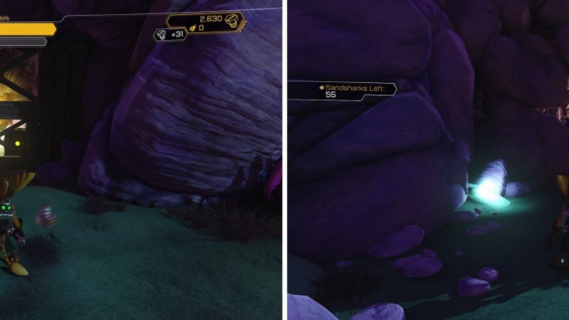 You can’t get the Gold Bolt from the front (left), but you can see some rocks you can blow up (right) if you follow the wall.