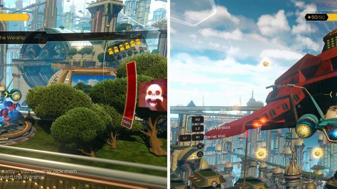 Pick up the Warbots with the Triangle button (left) and launch them at the big ship when close enough (right).