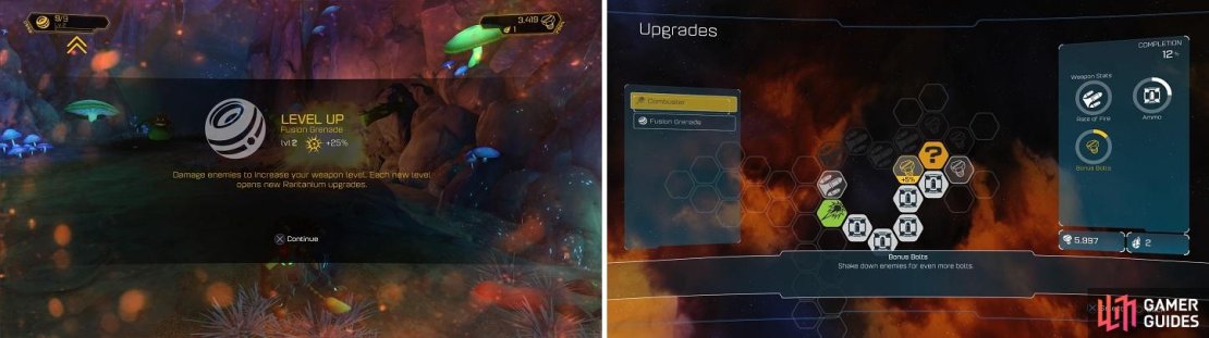 Weapons will level up as you use them (left). You can also purchase mods with Raritanium (right).