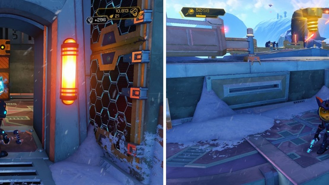 Solve the Trespasser puzzle near the beginning to get a RYNO Holocard (left). You can also find a Gold Bolt on the top of the same building (right).