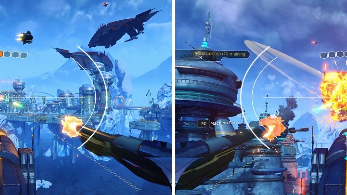 Charge the main cannon by shooting the smaller ships (left) and when it’s ready, let loose on the battleships (right).