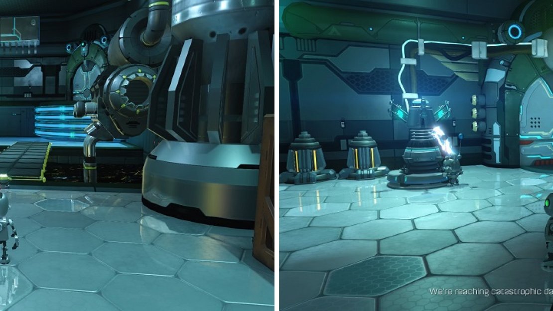 The basic premise of the Clank puzzles involve placing the bots in certain positions (left) to gain access to a switch you need to hit (right).