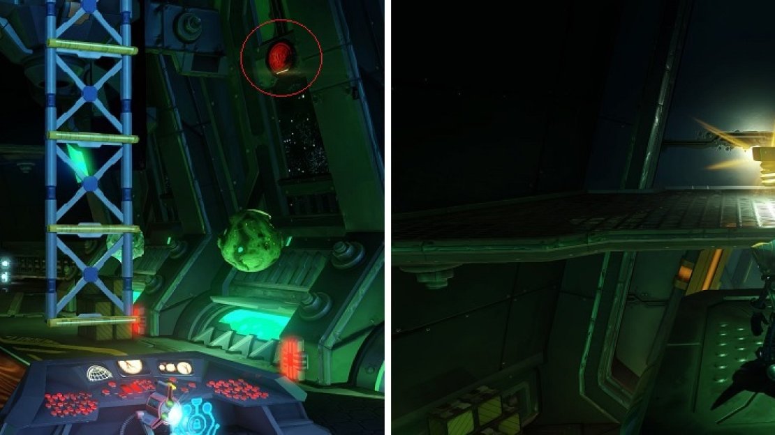 Hit the switch (left) to gain access to the upper levels of Drek’s Office, letting you grab the Gold Bolt (right)
