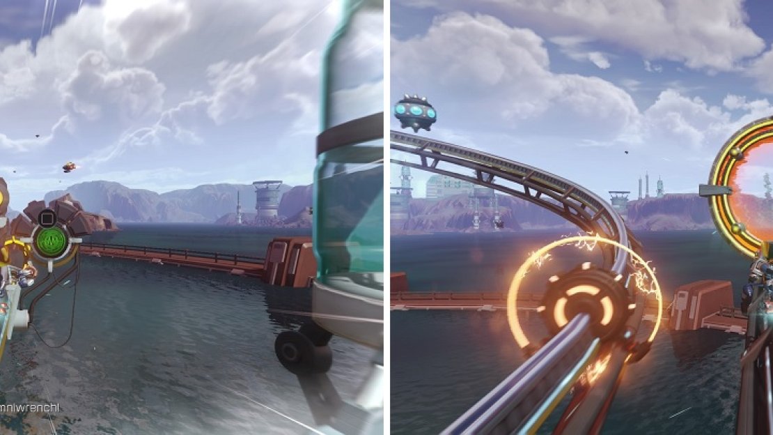 The switches on the grindrail need to be hit with the wrench (left). The final one is right before the barrier that will lead you to the Gold Bolt (right).