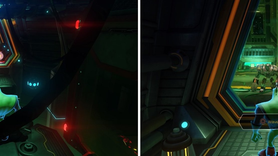 Some instances will require you to deactivate the Hologuise to get through some hazards (left). To progress, you’ll need to wave at guards to get rid of barriers (right).