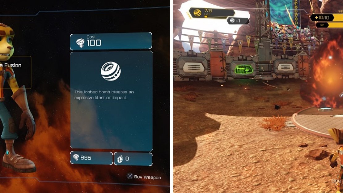 The Fusion Grenade (left) will be your first weapon in the game. Its explosion (right) can hit multiple enemies at once.