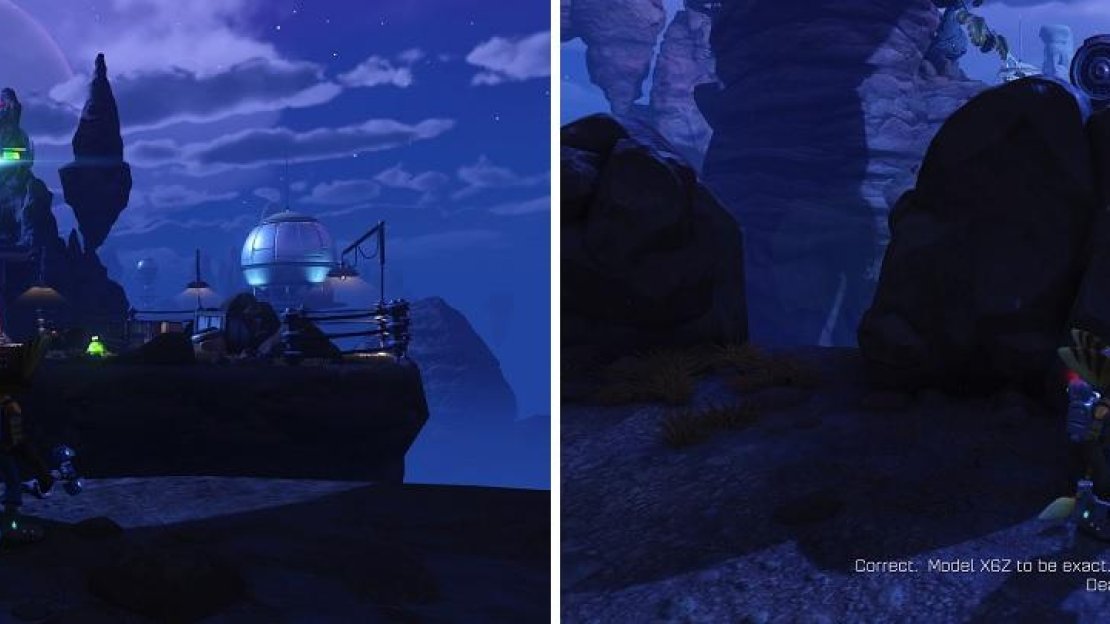 The little targets in the air (left) signify that you can use the Swingshot. Use the rock walls (right) to protect yourself from the Dropship’s fire.