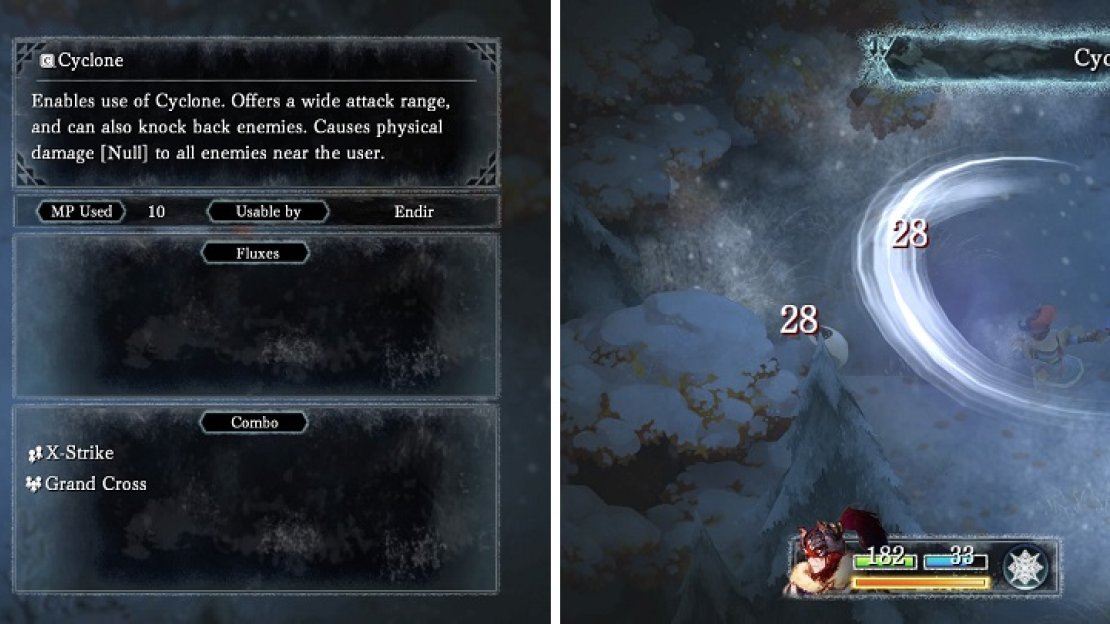 Equipping spritnites on your characters (left) will enable them to use various techs in battle (right).