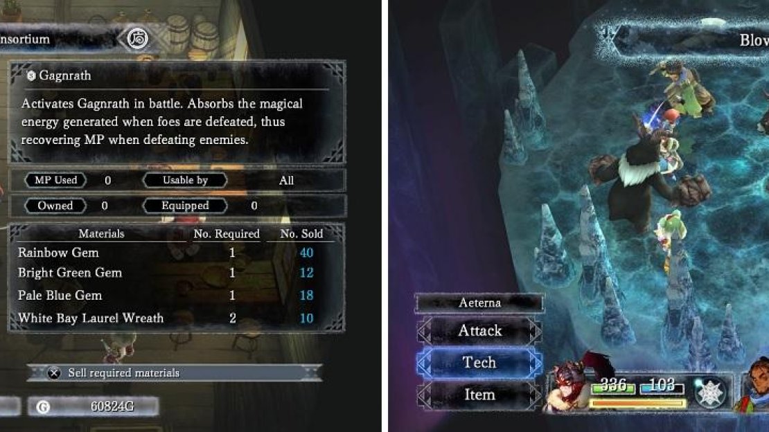 The Gagnrath Spritnite (left) will replenish MP whenever you kill enemies, allowing you to use something like Blowbeat (right) without worries.