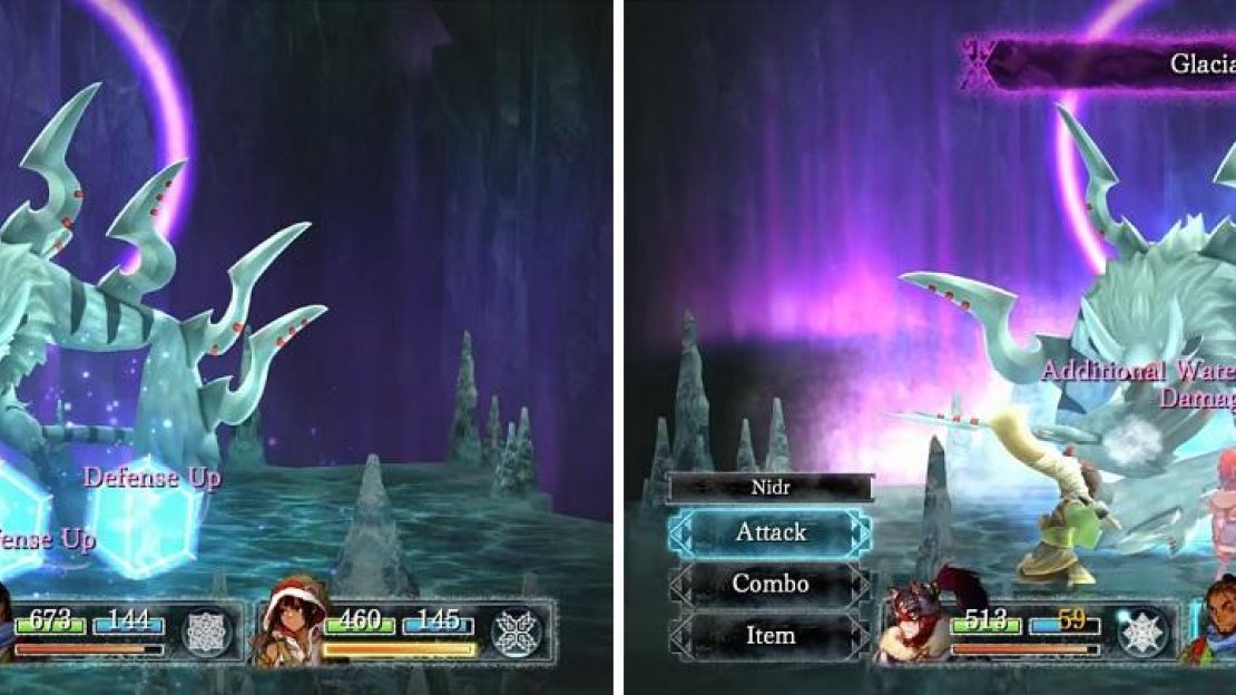 Aeterna’s Protect is very useful in this fight (left). Glacial Rush is the boss’ weakest move, since it only hits twice (right).
