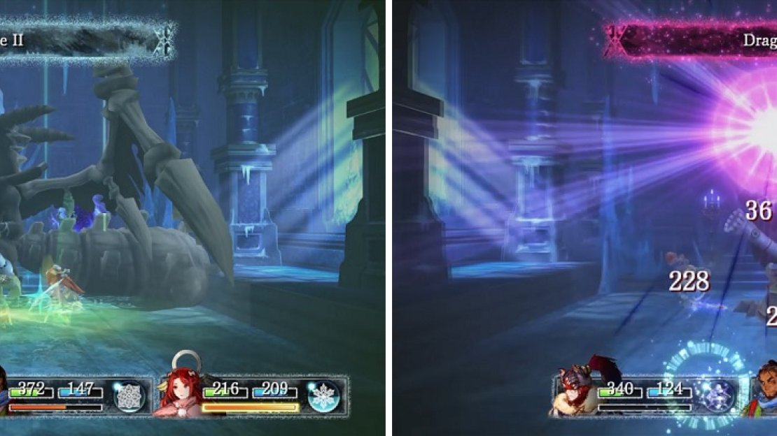 Setsuna’s Cure II (left) will heal pretty much every attack. Make sure you’re fully healed when you defeat the boss, as it will use Dragnarok (right).