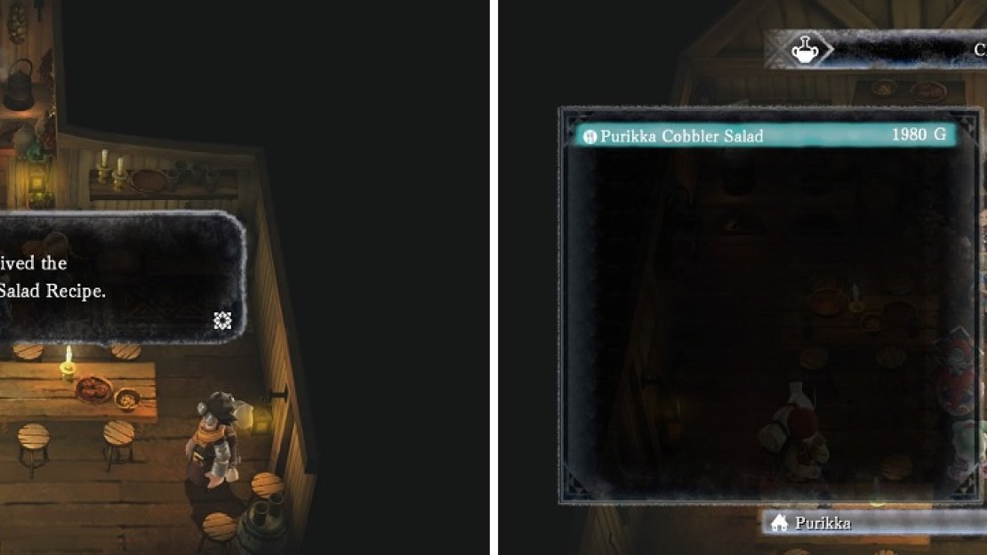 You receive recipes from NPCs upon giving them ingredients (left), allowing you to buy that particular food from the Chef (right).