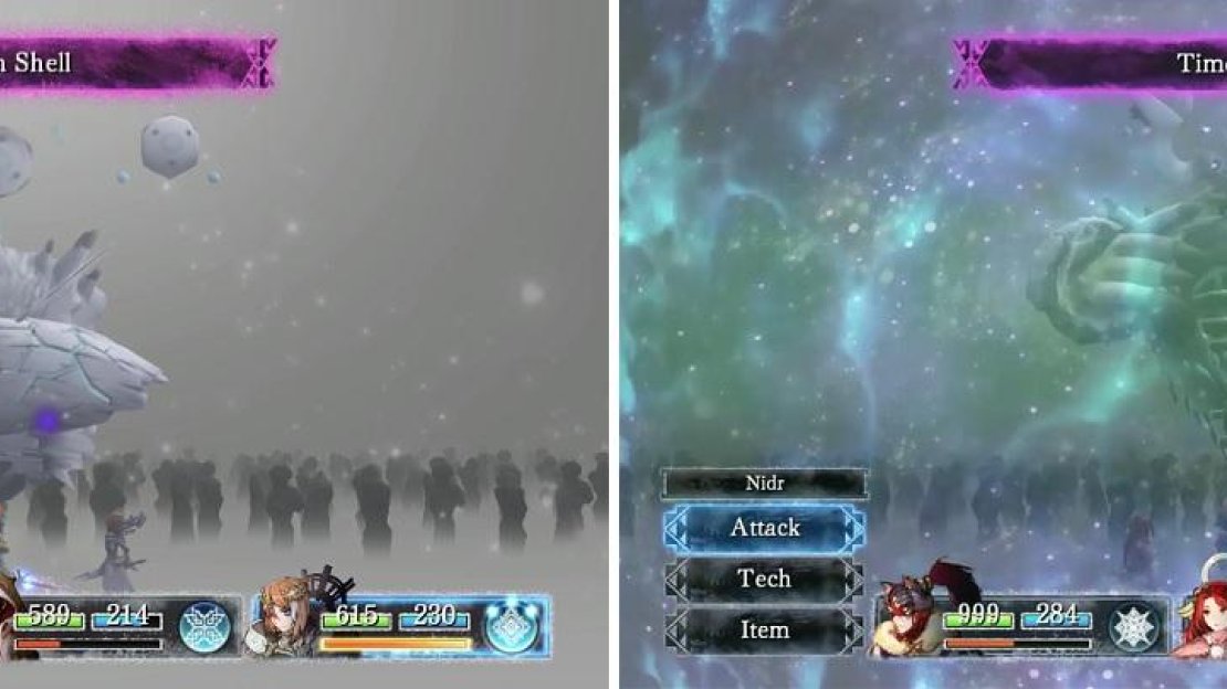 You might see some familiar moves when fighting the final form (left). Time Slip is annoying since it removes all of a character’s buffs (right).