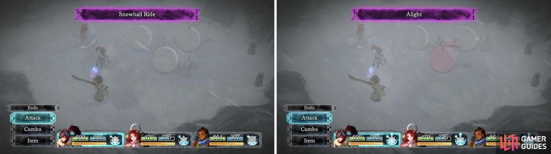 The Roly-Poly species will have increased/guaranteed evasion when on their snowball (left), so wait until they use Alight to attack (right).