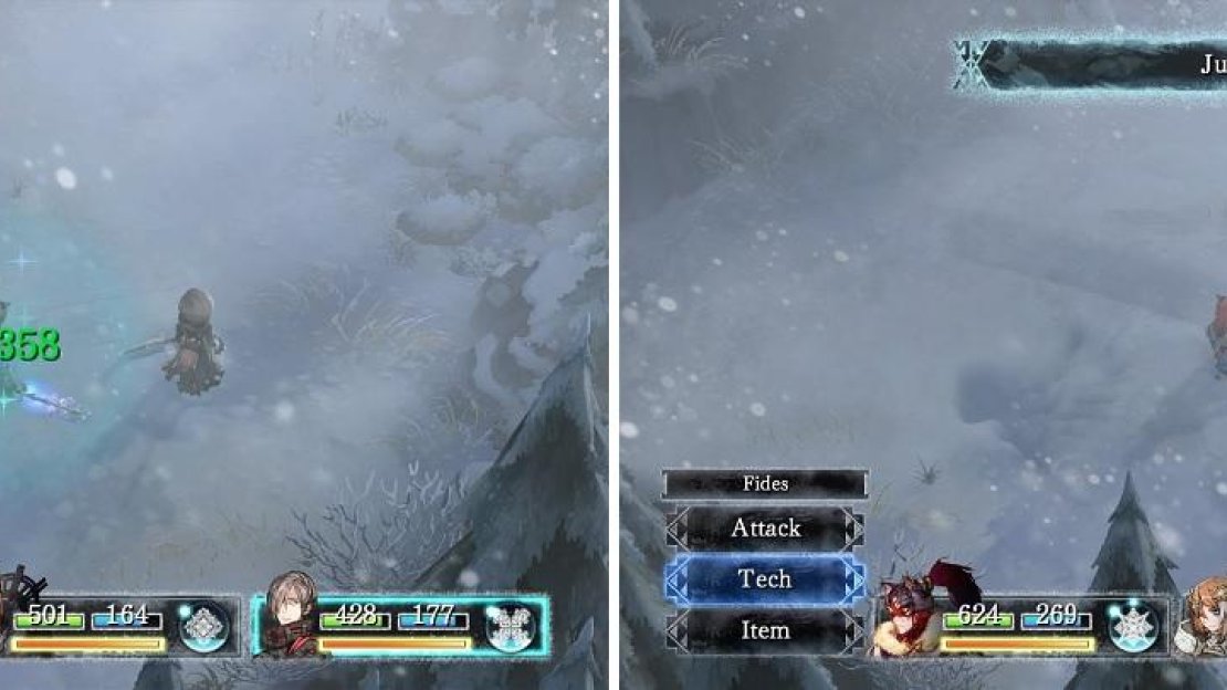 Chakra is great since it heals both HP and MP (left). Jump makes it so Julienne is off the battlefield until she lands (right).