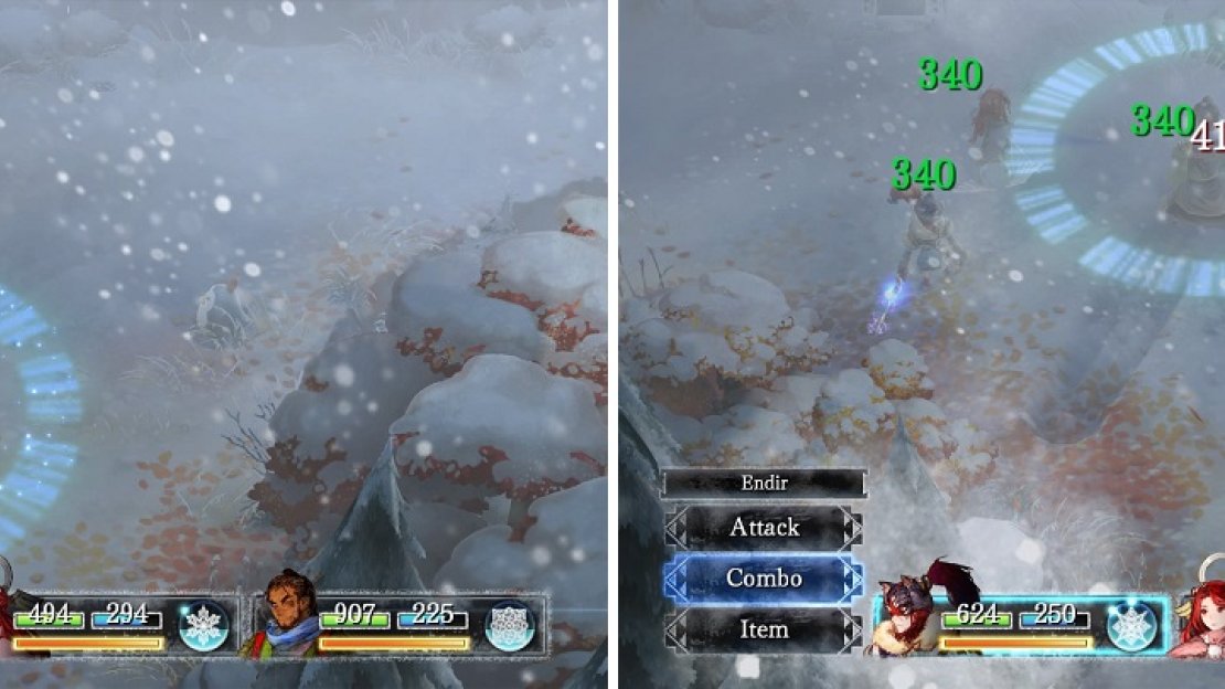 Momentum helps out Nidr a lot, such as adding defense with Provoke (left) and healing party members with Blunt Blow (right).