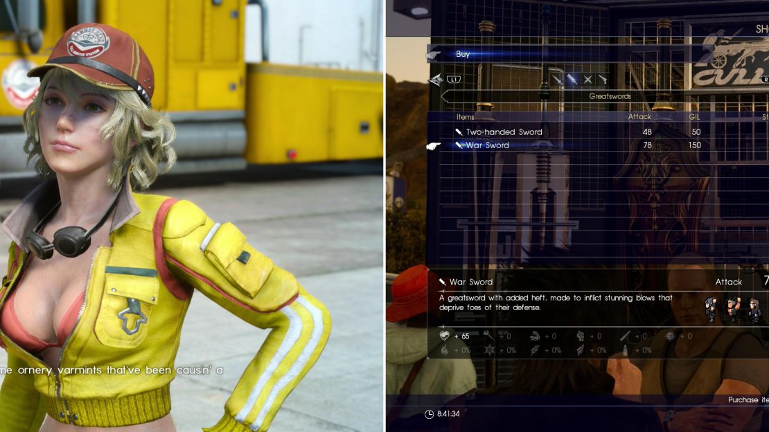 Cindy will give you some starting cash, and a bit of work to do while you wait (left). While you don’t have much in the way of funds right now, buying a few weapon upgrades may be worth the Gil (right).