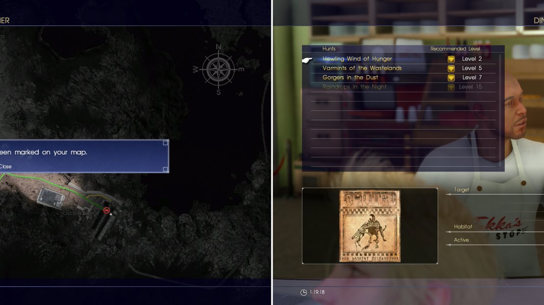 “Talk“ to restaurateurs to gain map intel (left). Many also provide hunts, which are a great way to earn extra Gil and experience (right).