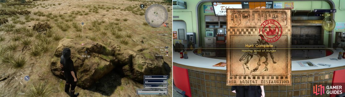 Marked Treasure Spots can be found throughout the world, providing static, respawning loot (left). When you&rsquo;re done with the hunt return to Takka to claim your well-earned reward (right).