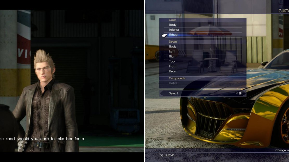 Now that the Regalia is repaired, Ignis is willing to temporarily give you the keys (left). You can customize the Regalia by bringing it back to Cindy (right).