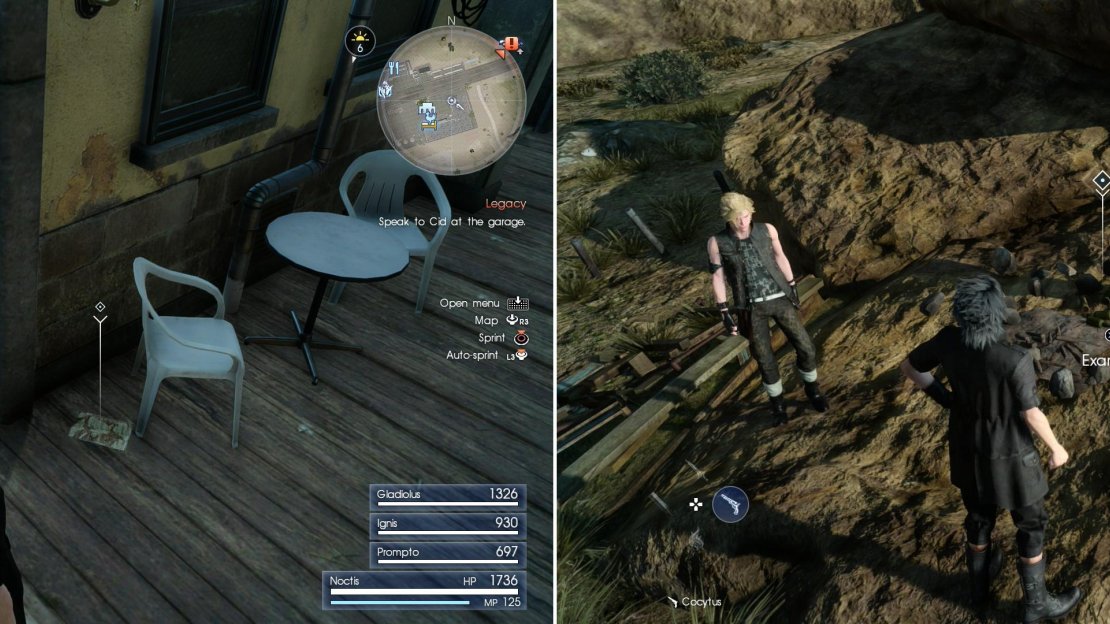 Pick up Mystery Map I on the porch of the inn (left). In the wilderness you’ll find the abandoned camp of the hunter you’re looking for (right).