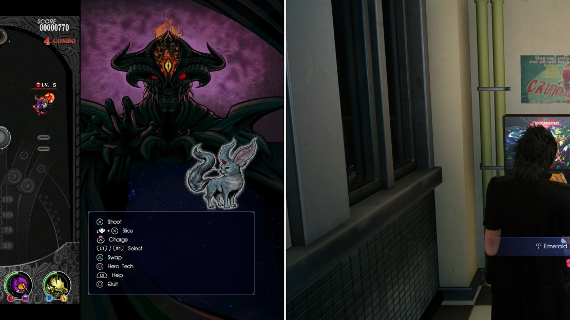 Play the pinball-like Justice Monsters V and earn chests (left) then cash out those chest for valuable prizes (right).