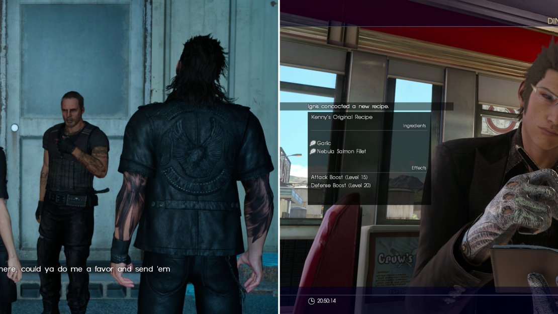 Talk to the wonderful Dave and he’ll ask you to help him track down some Dog Tags (left). Buying new meals at restaurants you visit will occasionally teach Ignis new recipes (right).