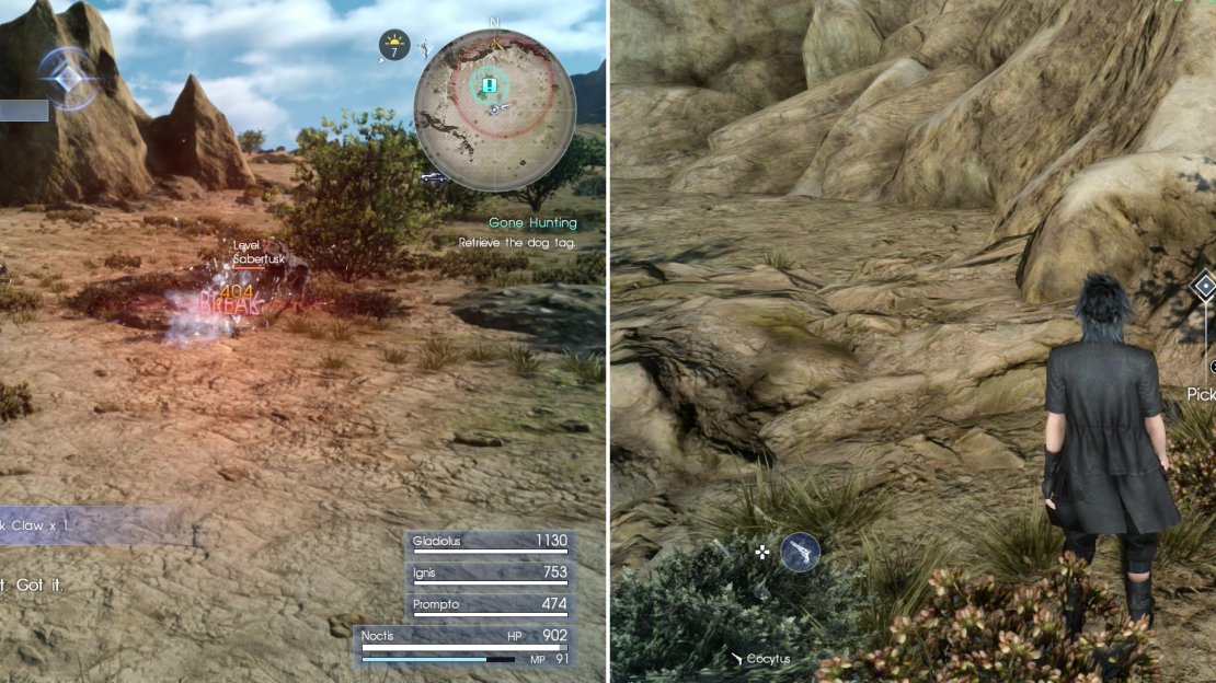 Track down the hunter and fight off a pack of Sabertusks (left) then claim the unfortunate hunter’s Dog Tag (right).