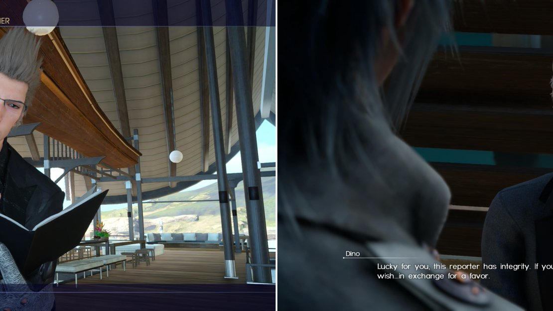 While expensive, Ignis can learn some new recipes if you treat yourselves to a meal at the Mother of Pearl (left). Dino will tell you bad news about the ferry - and offer you an alternative if you agree to some quid pro quo (right).