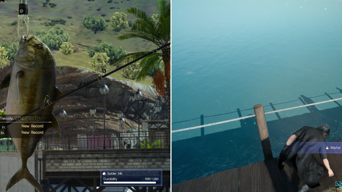 If you want to be ahead of the game, go fishing for some Trevally (left). On the pier you’ll find a Metal Scrap, which will be useful for a weapon upgrade later (right).